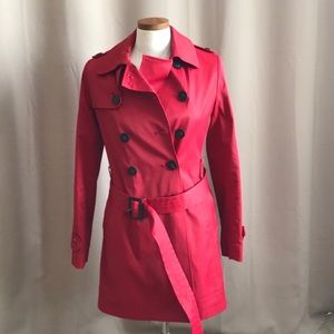 DKNY XS long red lined trench rain coat